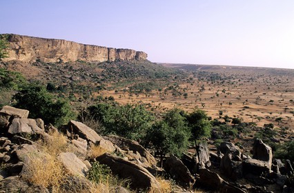 Mali, Dogon Country, Bandiagara Cliff listed as World Heritage by UNESCO and the nearly invisible village of Nombori