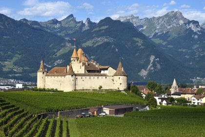 Switzerland, Canton of Vaud, Aigle, the castle surrounded by vineyards, it houses the Museum of Vine and Wine