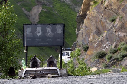 Georgia, Kakheti, Tusheti region, the spectacular track connecting Telavi to Omalo through the Abano Pass at 2826 metres, memorial to dead victims on this very dangerous road