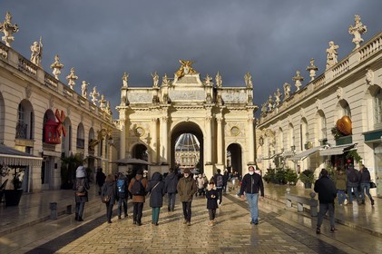 France, Meurthe-et-Moselle, Nancy, place Stanislas (former Place Royale) during the feast of Saint-Nicolas, listed as World Heritage by UNESCO, the Arc de Triomphe (Porte Héré)