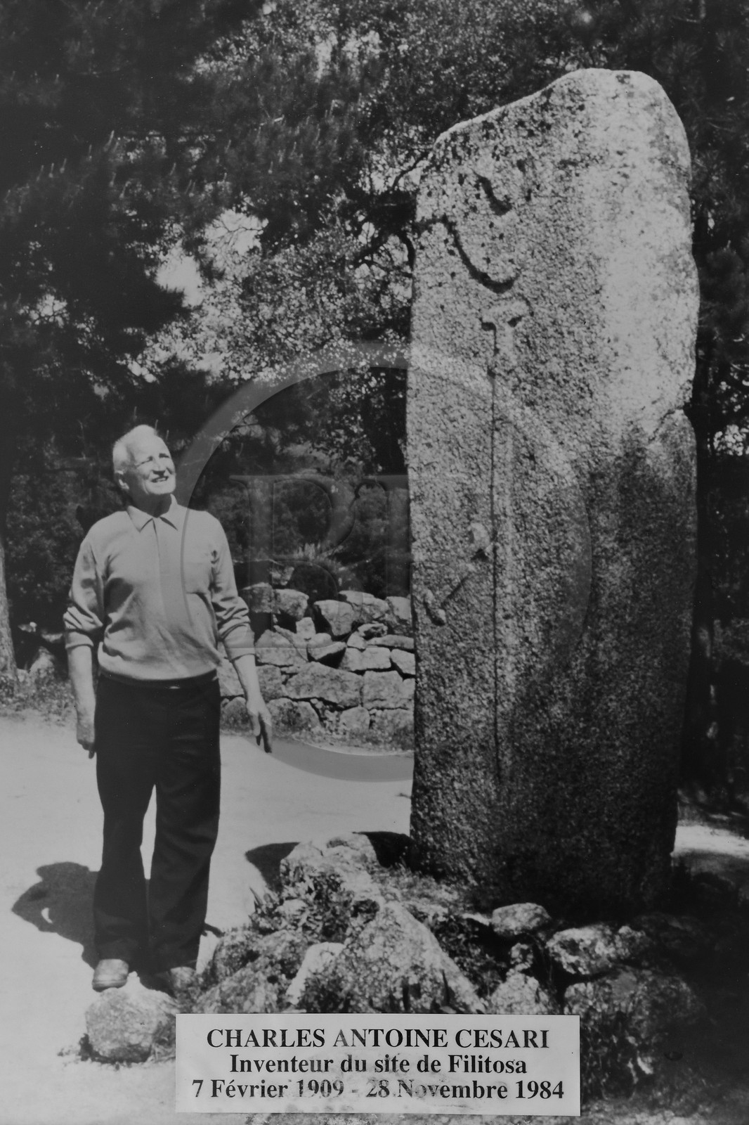 France, Corse-du-Sud (2A), site préhistorique de Filitosa, Charles-Antoine Cesari inventeur du site découvert en 1946