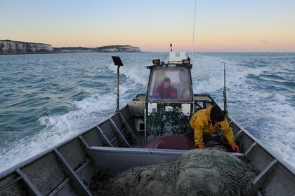 France, Seine-Maritime, off the coast of Veules-les-Roses at dawn, net fishing on the boat La Pomme owned by Anthony Paumier the youngest skipper in France
