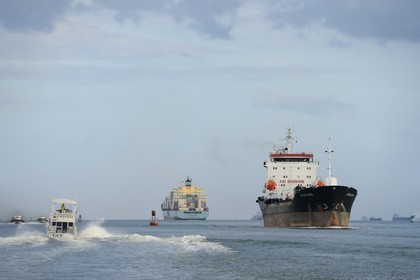 Panama, Panama City, Panamax cargo in the Panama Canal access channel on the Pacific Ocean side