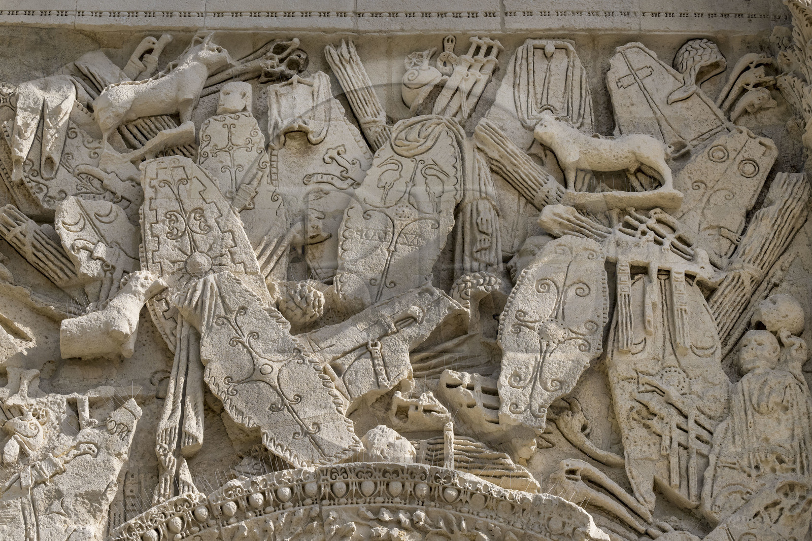 France, Vaucluse, Orange, the Triumphal Arch of Orange, listed as World heritage by UNESCO, a monumental Roman arch from the beginning of the 1st century, trophy of arms with shields, standards, helmets...