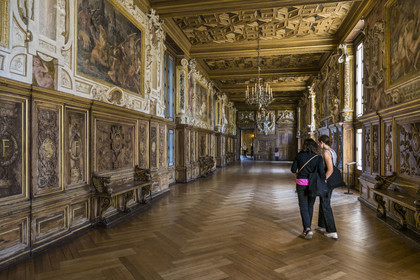 France, Seine-et-Marne (77), Fontainebleau, chateau de Fontainebleau, classé Patrimoine Mondial par l'UNESCO, la Galerie François 1er construite entre 1528 et 1530, décoré avec des peintures, des lambris, des fresques et des stucs, des boiseries en noyer sculpté et un plafond à caissons