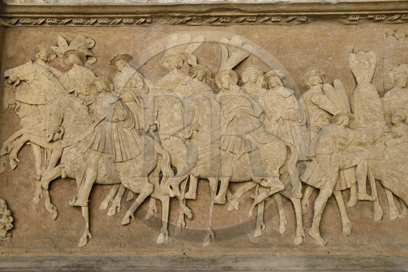 France, Seine-Maritime (76), Rouen, place de la Pucelle, Hôtel de Bourgtheroulde a été bati dans la première moitié du XVIe siècle par Guillaume Le Roux, fresque en bas-relief de la Galerie d'Aumale représentant l'entrevue du camp du Drap d'Or entre François Ier et le roi d'Angleterre Henri VIII, détail
