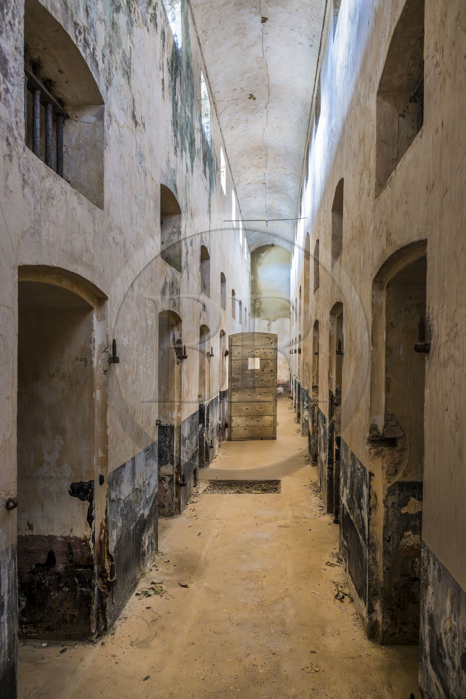 France, French Guiana, Kourou, Salvation Islands (Iles du Salut), Royal Island, the penal colony disciplinary unit for recalcitrant convicts, cell access corridor