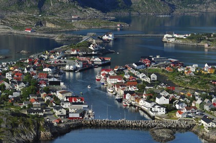 Norway, Nordland County, Lofoten Islands, Vagan island, port of Henningsvaer (aerial view)