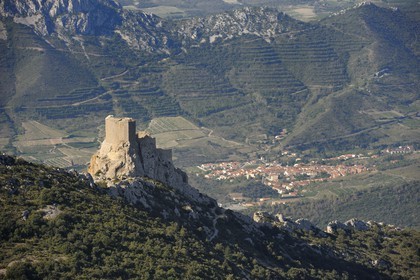 France, Aude (11), Pays Cathare, le château de Quéribus (vue aérienne)