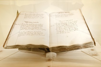 France, Bas Rhin, Strasbourg, Selestat, the Bibliothèque Humaniste (Humanist Library) refurbished by the architect Rudy Ricciotti, Balthasar Beck, cupbearer of the town hall of Sélestat describes around 1600 the traditions, the festivals and the customs, the passage entitled So man die Meyen uffricht (how one decorates the corn) is considered as the first description of the decoration of the Christmas tree in Alsace