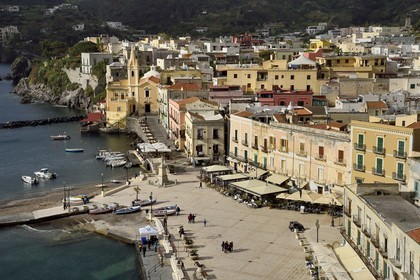 Italy, Sicily, Aeolian Islands, listed as World Heritage by UNESCO, Lipari Island, Lipari, Marina Corta fishing port and San Giuseppe church