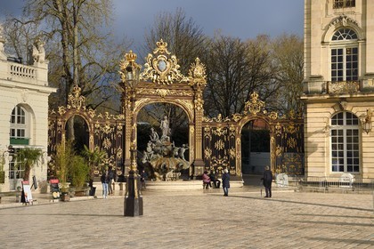 France, Meurthe-et-Moselle, Nancy, place Stanislas (former Place Royale) during the feast of Saint-Nicolas, listed as World Heritage by UNESCO, Amphitrite Fountain and golden gate by Jean Lamour