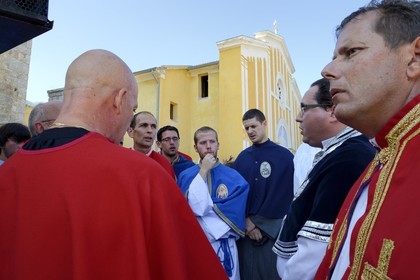 France, Haute Corse, Niolu (Niolo) region, Casamaccioli, la Santa di Niolu religious festivity to celebrate the Nativity of the Virgin, paghjella or Corsican polyphonic singing of religious brotherhoods members