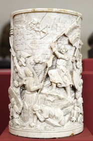 France, Seine Maritime, Pays de Caux, Cote d'Albatre, Fecamp, Benedictine Palace, collection of Sacred Art, nineteenth century holy water font in ivory depicting a scene from the life of Joan of Arc