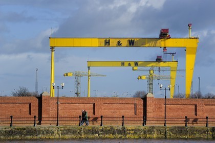 United Kingdom, Northern Ireland, Belfast, Queen's Island, Harland and Wolff Heavy Industries specialised in shipbuilding (among which the RMS Titanic) and offshore construction, the Samson and Goliath gantry cranes have become city landmarks
