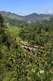 Sri Lanka, Uva Province, train on the railway track that goes through the tea growing hill country between Badulla and Ella, the Nine Arches bridge (1921) next to Ella