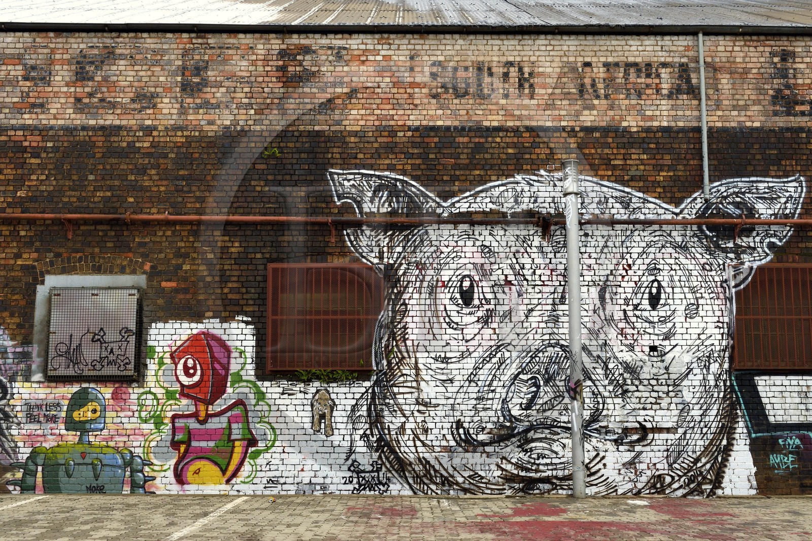 Afrique du Sud, province de Gauteng, Johannesburg, CBD (Central Business District), Newtown, peintures murales sur les murs des entrepots sous l'autoroute M1 De villiers Graaff motorway