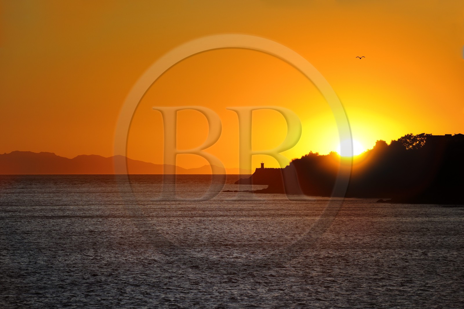 Italie, Toscane, l’Ile d’Elbe au coucher de soleil et la côte à Piombino en premier plan