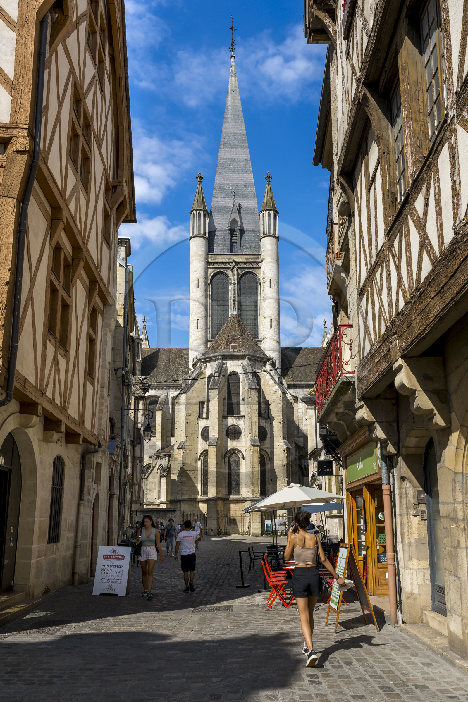 France, Côte-d'Or (21), Dijon, zone classée Patrimoine Mondial de l'UNESCO, maisons à pans de bois rue de la chouette et l'église Notre-Dame de Dijon en arrière plan