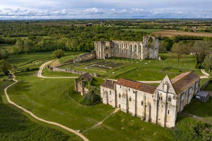 France, Vendée (85), Parc Interrégional du Marais Poitevin labellisé Grand Site de France, Maillezais, vestiges de l'abbaye Saint-Pierre de Maillezais (vue aérienne)