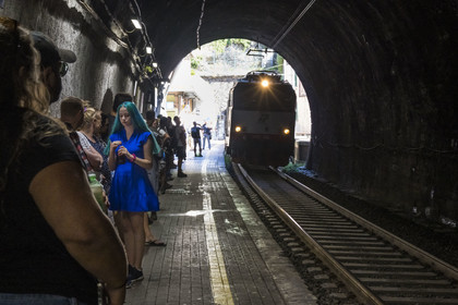 Italy, Liguria, Cinque Terre National Park listed as World Heritage by UNESCO, village of Vernazza, partially in a tunnel sheltered station