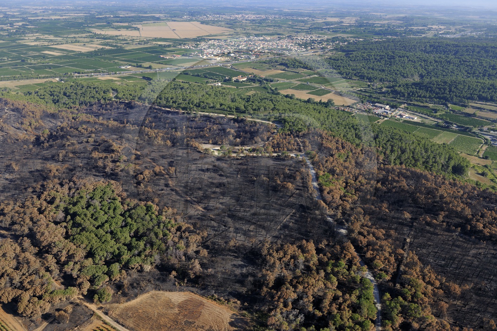 France, Aude (11), le massif de la Clappe situé entre Narbonne et la mer Méditerranée, traces d'incendie (vue aérienne)