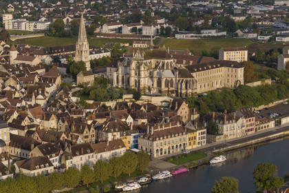 France, Yonne, Auxerre, Saint Germain Abbey overlooking the Marine district and the Green belt cycle path along the Yonne on the quay along the port (aerial view)