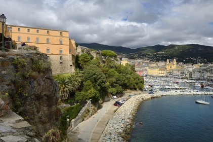 France, Haute Corse, Bastia, the Citadel district of Terra Nova, the palace of the Genoese governors that hosts the Musee d'Histoire de Bastia (Museum of Bastia History) and the harbour overlooked by St Jean Baptiste Church