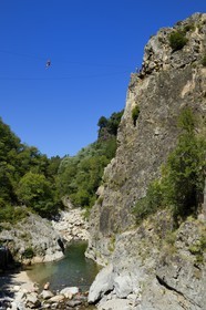 France, Ardeche, Monts d'Ardeche Regional Natural Park, Thueyts, the upper valley of the Ardeche River, the via ferrata of the Pont du diable (the Devil's Bridge)