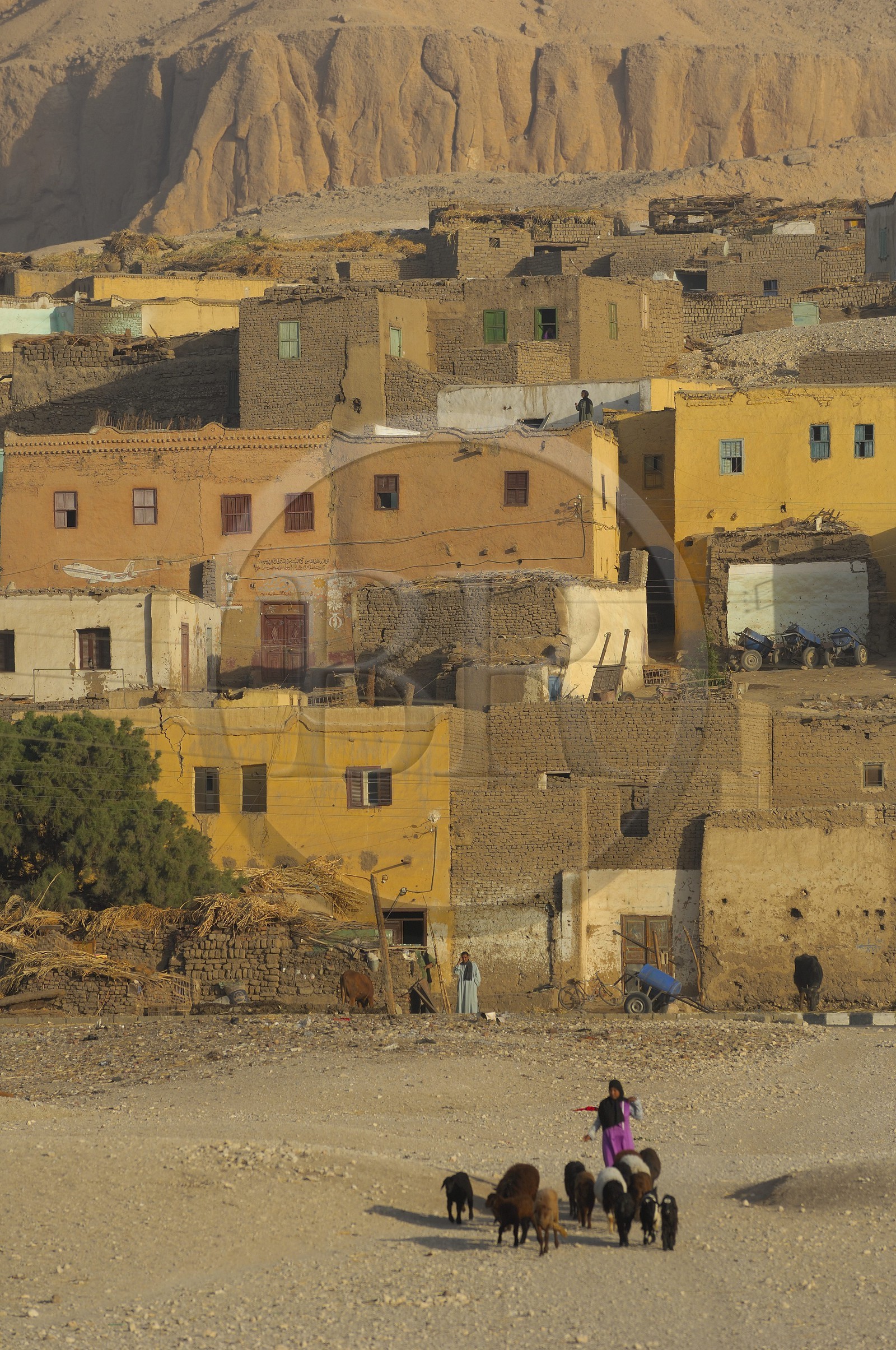 Egypte, Haute Egypte, vallée du Nil, environs de Louxor, Thèbes Ouest, nécropole thébaine, vieux village de Gournah au pied des Tombes des Nobles (vue aérienne)