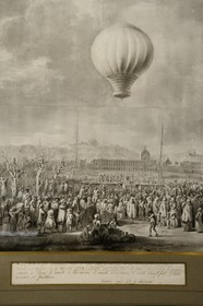 France, Rhone, Lyon, historical site listed as World Heritage by UNESCO, Vieux Lyon (Old Town), Gadagne museums, Historical Museum of Lyon, engraving depicting the ascension of Joseph Montgolfier January 17, 1784 in Lyon