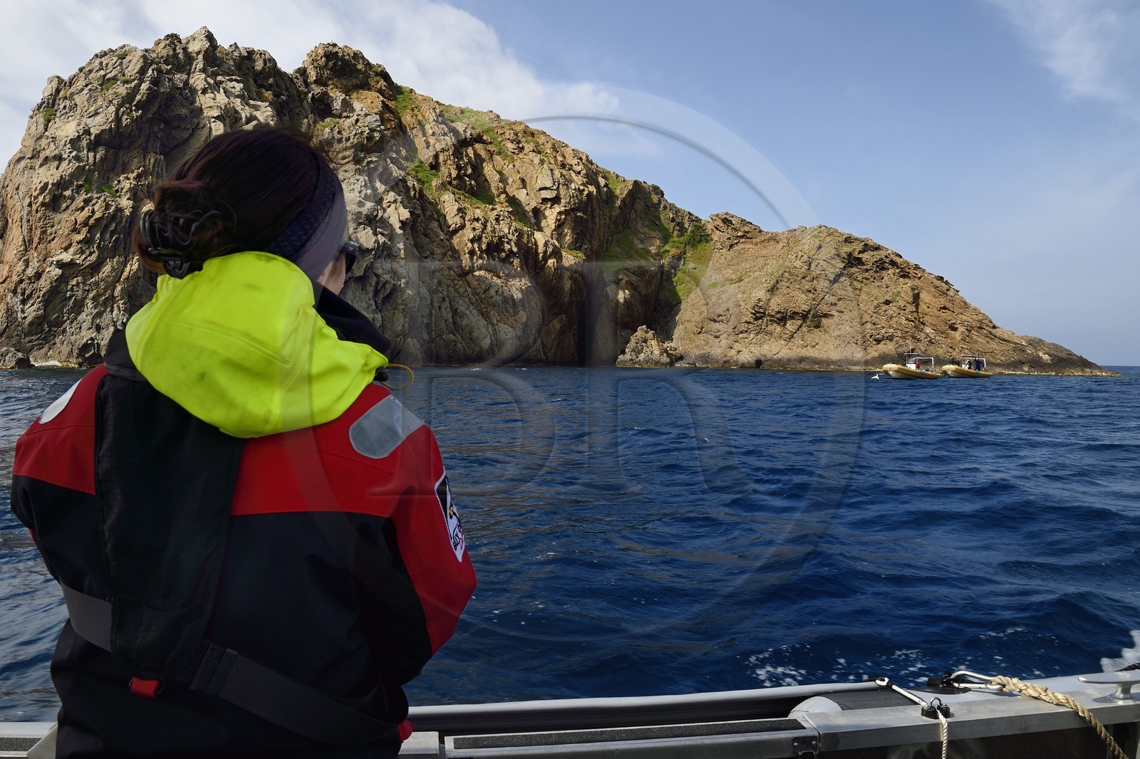 France, Var (83), Iles d'Hyères, Parc national de Port Cros, Ile de Port-Cros, Gaëlle Urvoy, garde monitrice du parc national de Port-Cros en tournée de surveillance autour de l'Ile de la Gabinière