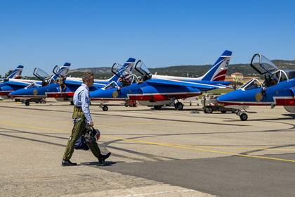 France, Bouches du Rhone, Salon de Provence, air base 701, base of the Patrouille de France (PAF for Patrouille acrobatique de France) of the French Air and Space Force, departure of the pilots equipped with anti-G outfit after the briefing to join the Alphajet planes on the tarmac and carry out the training flight