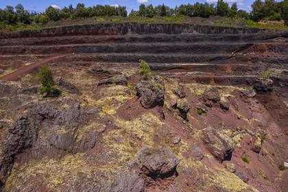France, Puy de Dome, Parc Naturel Régional des Volcans d'Auvergne (regional nature park of Auvergne volcanoes), Chaine des Puys listed as World heritage by UNESCO, Saint Ours les Roches, Lemptegy volcano, a former pozzolan quarry that has become an educational site open to the public (aerial view)