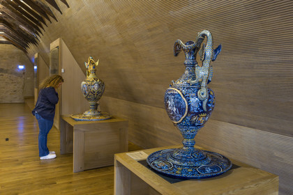 France, Nièvre, Nevers, Museum of Earthenware (musée de la Faïence) and Fine Arts, Ewer, decoration of hunting scenes The legend of Saint Hubert, Le Bout du Monde factory (1889)