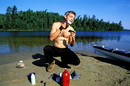 Canada, Quebec Province, La Verendrye Wildlife Reserve, Lake Victoria, morning toilet in the camp