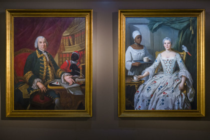 France, Loire Atlantique, Nantes, Bouffay district, the castle of the Dukes of Brittany, Nantes History Museum, rooms dedicated to the slave trade, portraits of Dominique and Marguerite Deurbroucq (18th century) and their servants who live in slavery
