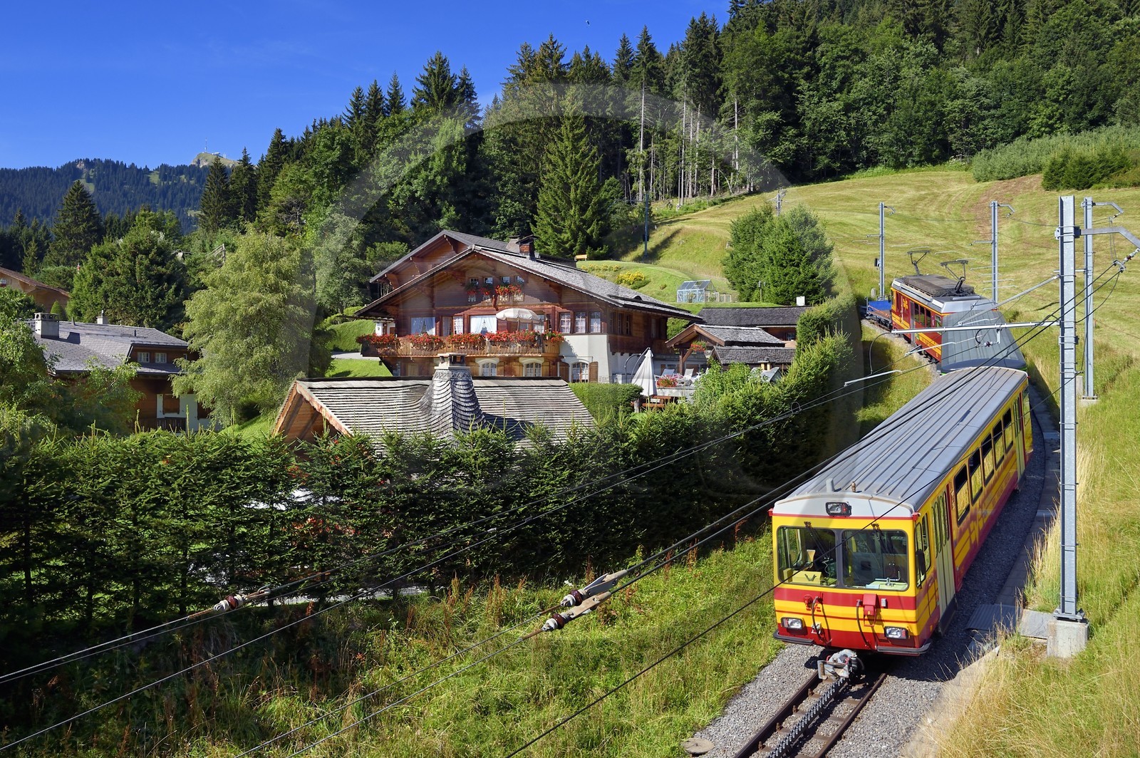 Suisse, canton de Vaud, Villars-sur-Ollon, train qui rejoint la gare du col de Bretaye Suisse, canton de Vaud, Villars-sur-Ollon, train qui rejoint la gare du col de Bretaye