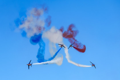 France, Bouches du Rhone, Salon de Provence, air base 701, base of the Patrouille de France (PAF for Patrouille acrobatique de France) of the French Air and Space Force, crossing figure during a training flight of Alphajet aircraft
