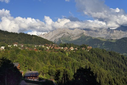 Switzerland, Canton of Vaud, Ollon, hamlet of Huemoz and Villars-sur-Ollon in the background