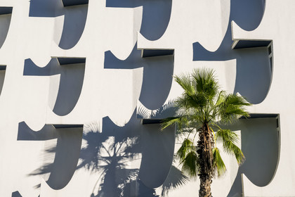 France, Herault, La Grande-Motte, labeled 20th century heritage, Levant (rising sun) district east of the port, facade of the Hotel Le Quetzal by architects Jean Balladur and Jean-Bernard Tostivint
