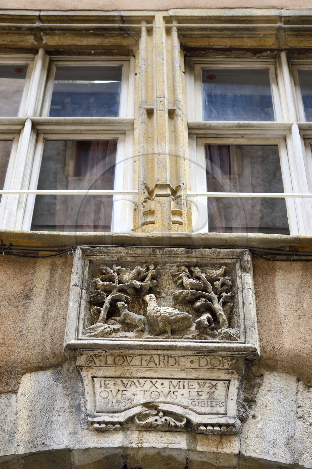 France, Rhône (69), Lyon, site historique classé Patrimoine Mondial de l'UNESCO, Vieux Lyon, maison de L'outarde d'or au 19 rue du Boeuf, à l'origine enseigne d'un volailler