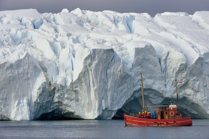 Groenland, cote ouest, baie de Disko, Ilulissat, fjord glacé classé Patrimoine Mondial de l'UNESCO qui est l’embouchure maritime du glacier Sermeq Kujalleq, ancien bateau de pêche reconverti pour la découverte des icebergs et l'observation des baleines
