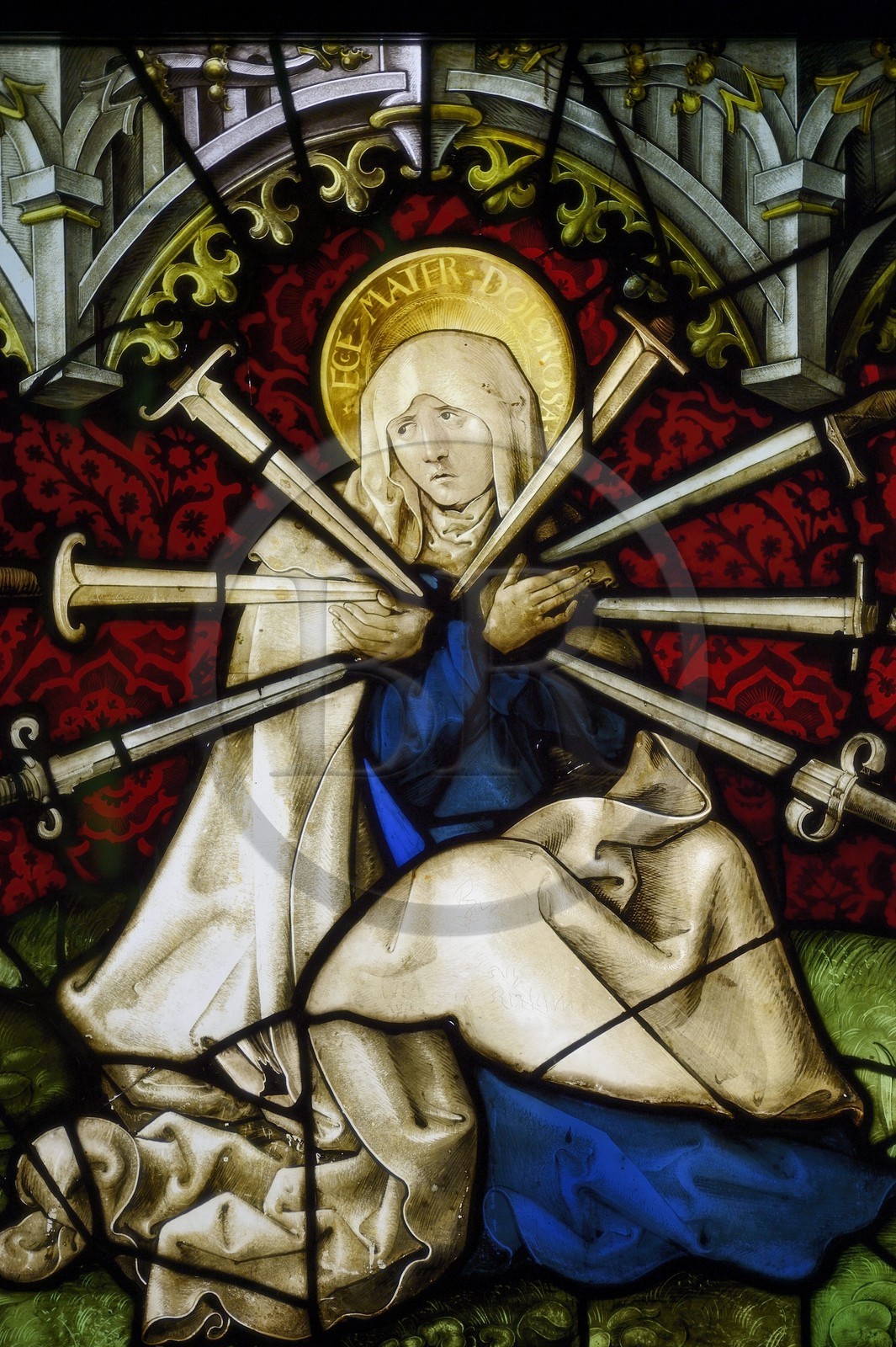 Germany, Baden-Wurttemberg, Freiburg im Breisgau, the Augustiner Museum, the Virgin as Mother Dolorosa stained glass window designed by Hans Baldung dit Grien (1513)