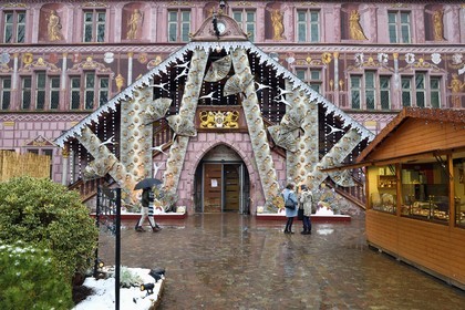 France, Haut Rhin, Mulhouse, the Town Hall decorated with the official Christmas fabric of the city of Mulhouse created by Marie-Jo Gebel, here that of 2021