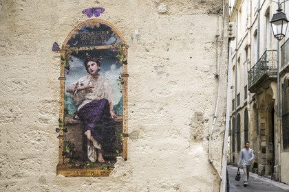 France, Herault, Montpellier, historic center called the Ecusson, street art by Voglio Bene alias Bénédicte Piccollillo rue de la Carbonnerie