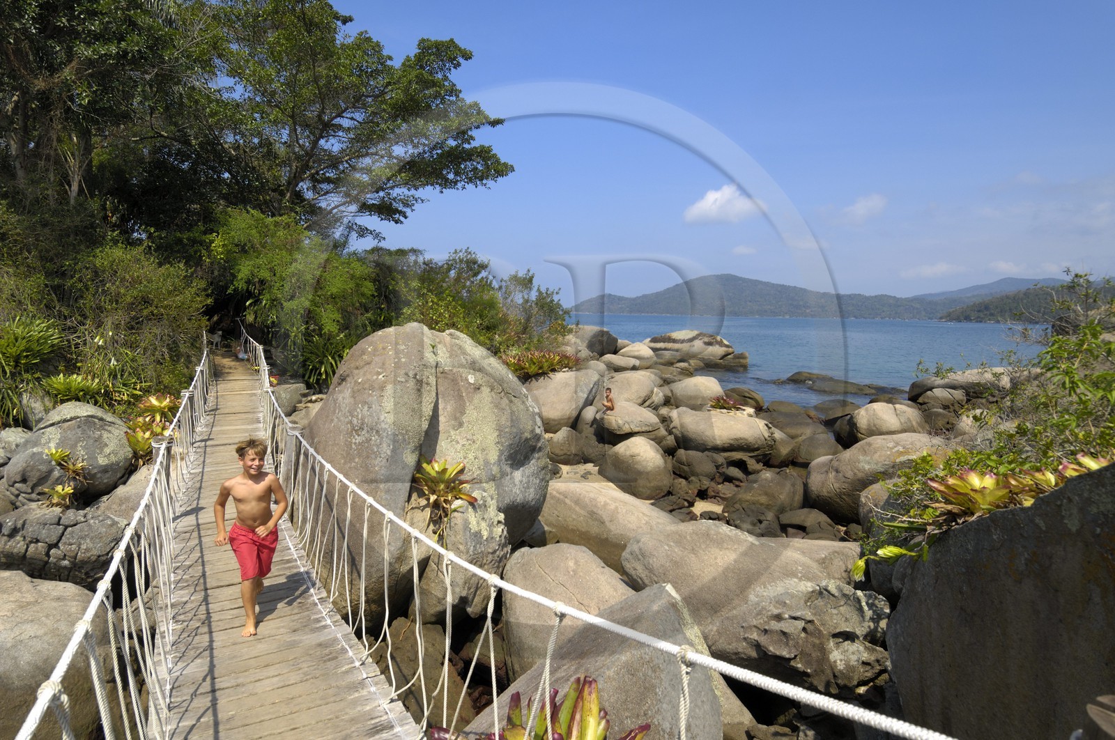 Brésil, Etat de Rio de Janeiro, Paraty, Ile Catimbau, Thomas campeurs courant sur la passerelle entre les deux îles