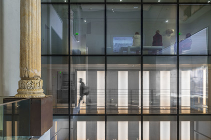 France, Gard, Nimes, Romanity museum (Musée de la Romanite) by architect Elizabeth de Portzamparc, passage under the museum where you can see two of the four columns that stood at the corners of the nymphaeum of the Augusteum