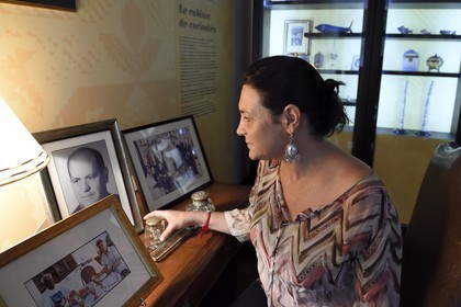 Morocco, Casablanca, Abderrahman Slaoui museum called the Collector's House, the owner Malika Slaoui-Yaker looking at the portrait of her father Abderrahman
