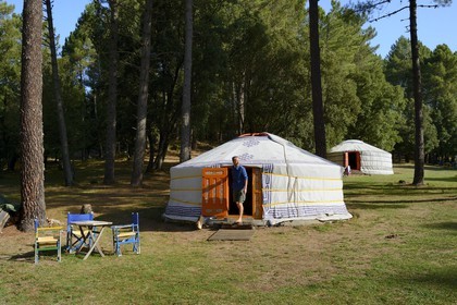 France, Corse du Sud, Alta Rocca, Mongolian yurt of the outdoor hotel Le Pré aux Biches